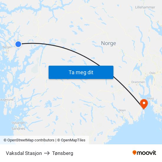 Vaksdal Stasjon to Tønsberg map