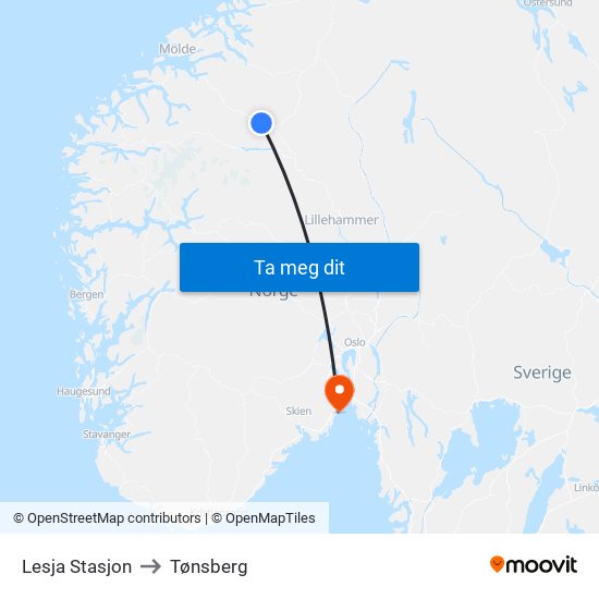 Lesja Stasjon to Tønsberg map