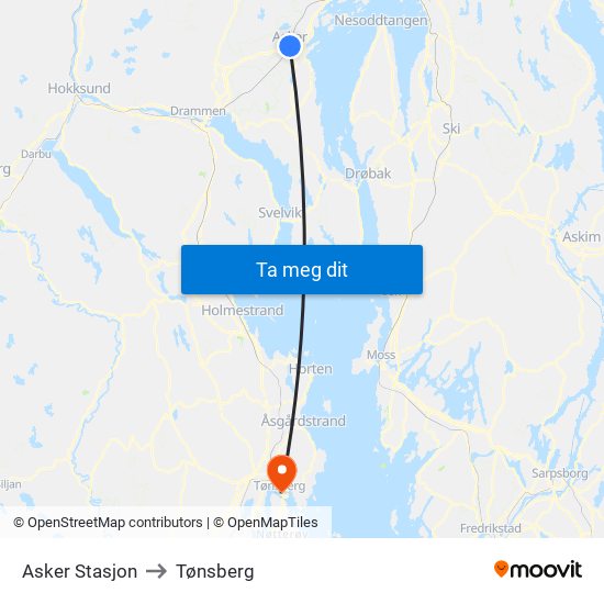 Asker Stasjon to Tønsberg map
