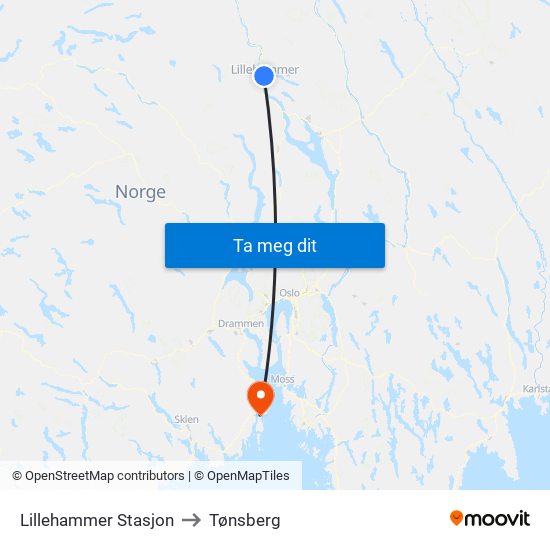 Lillehammer Stasjon to Tønsberg map
