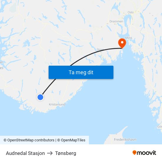 Audnedal Stasjon to Tønsberg map