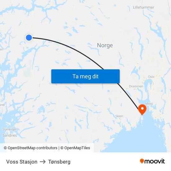 Voss Stasjon to Tønsberg map