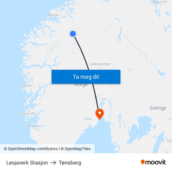 Lesjaverk Stasjon to Tønsberg map