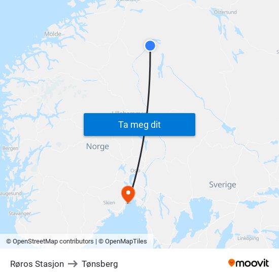 Røros Stasjon to Tønsberg map