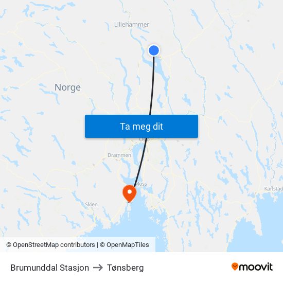 Brumunddal Stasjon to Tønsberg map