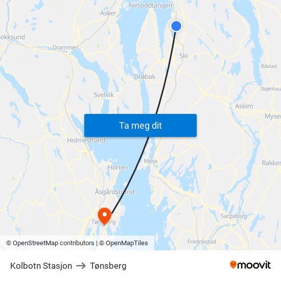 Kolbotn Stasjon to Tønsberg map