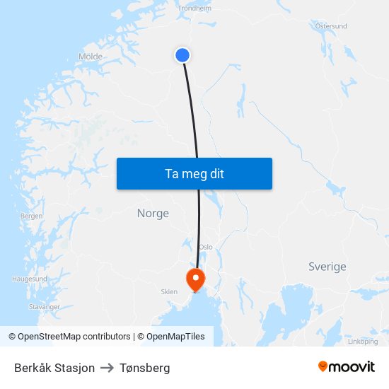 Berkåk Stasjon to Tønsberg map