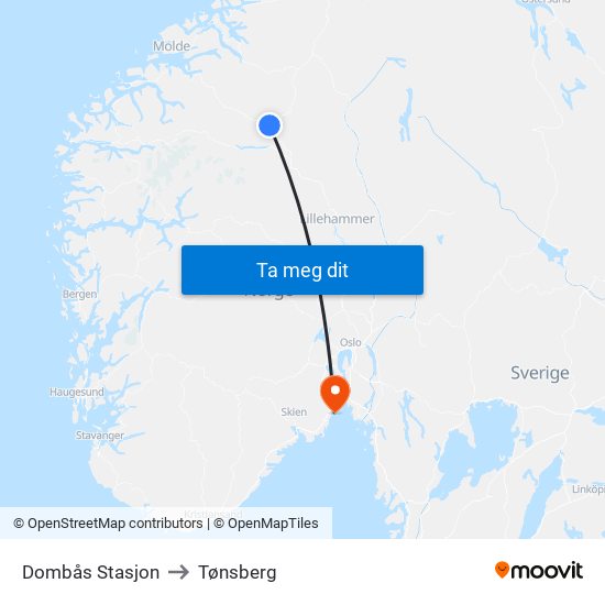 Dombås Stasjon to Tønsberg map