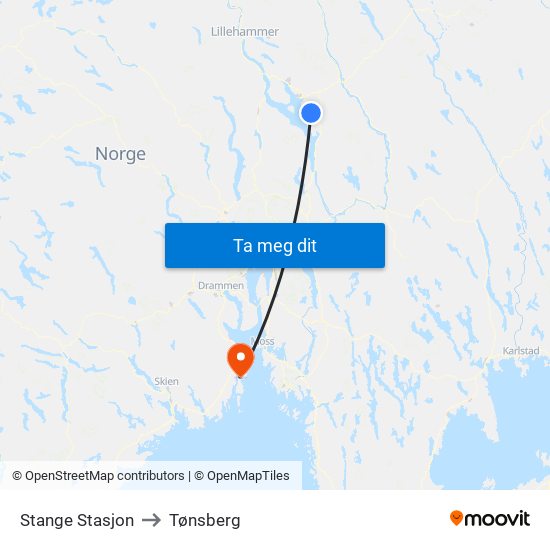 Stange Stasjon to Tønsberg map