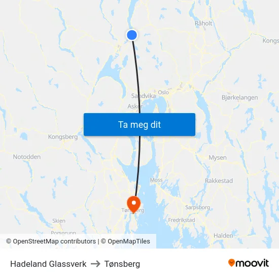 Hadeland Glassverk to Tønsberg map