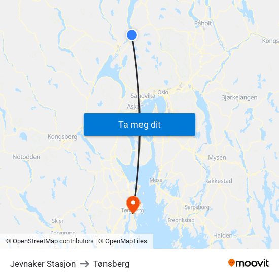 Jevnaker Stasjon to Tønsberg map