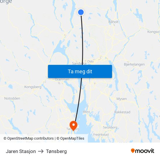 Jaren Stasjon to Tønsberg map