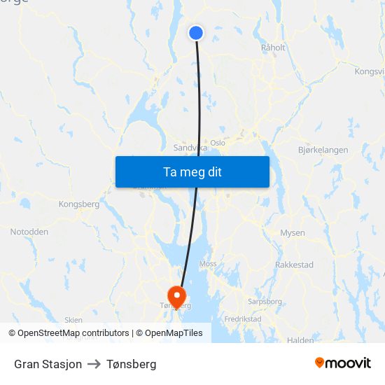 Gran Stasjon to Tønsberg map