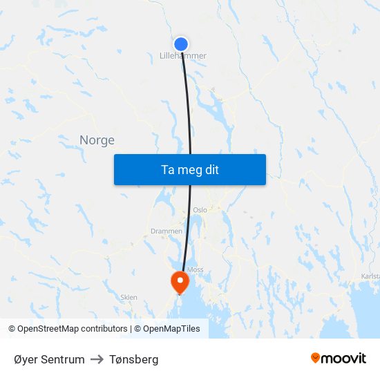 Øyer Sentrum to Tønsberg map