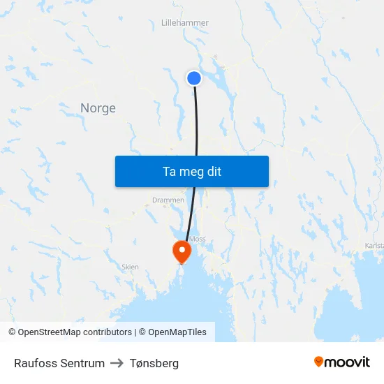 Raufoss Sentrum to Tønsberg map
