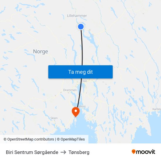 Biri Sentrum Sørgående to Tønsberg map