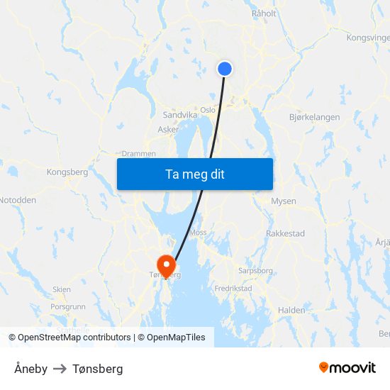 Åneby to Tønsberg map