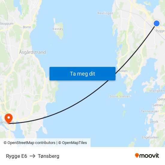 Rygge E6 to Tønsberg map