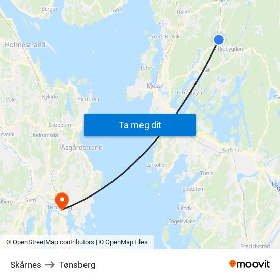 Skårnes to Tønsberg map