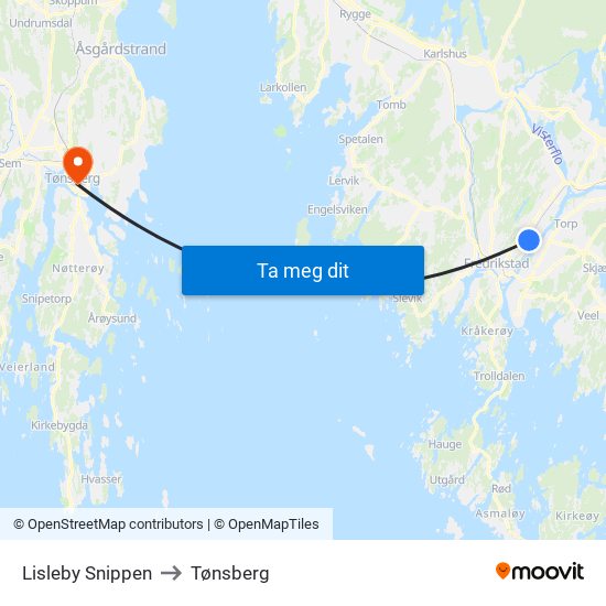 Lisleby Snippen to Tønsberg map