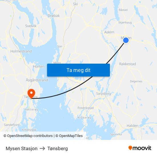 Mysen Stasjon to Tønsberg map
