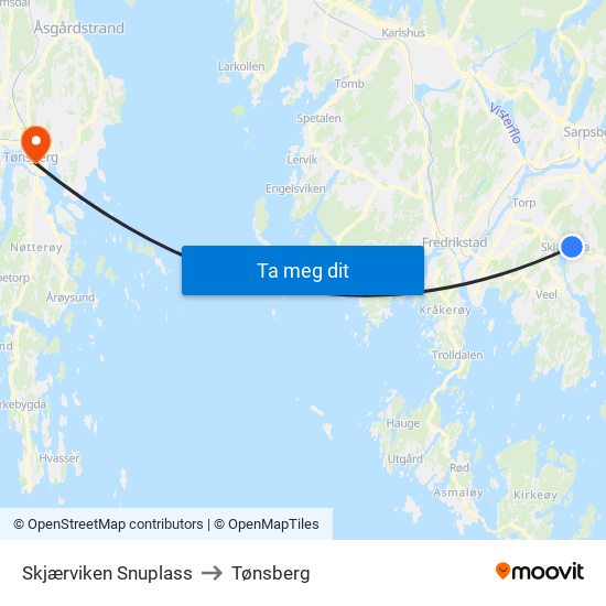 Skjærviken Snuplass to Tønsberg map