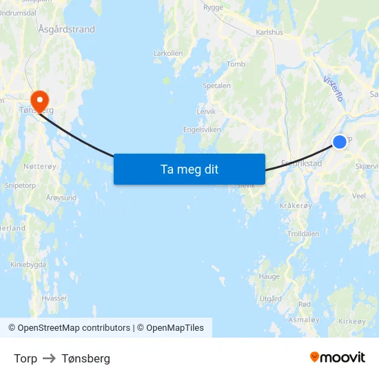 Torp to Tønsberg map