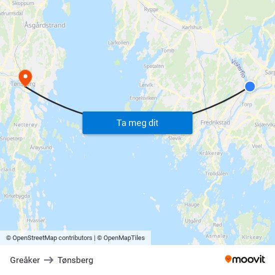 Greåker to Tønsberg map