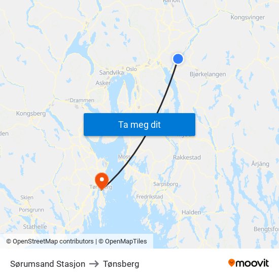 Sørumsand Stasjon to Tønsberg map