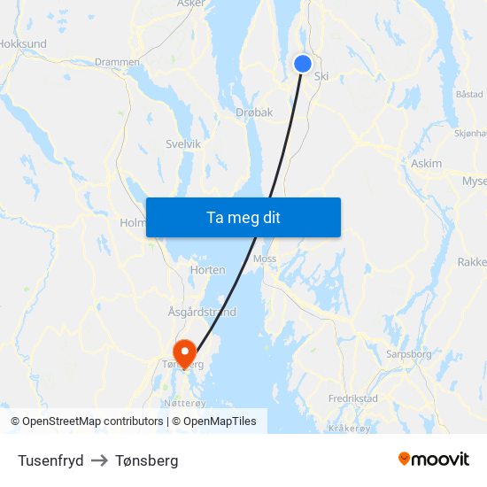 Tusenfryd to Tønsberg map