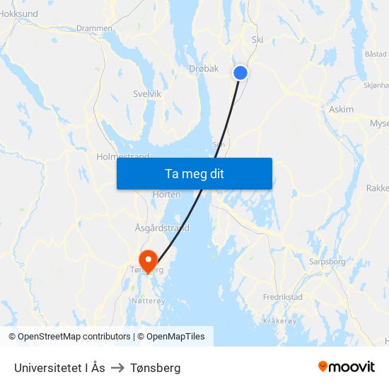 Universitetet I Ås to Tønsberg map