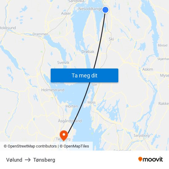 Vølund to Tønsberg map
