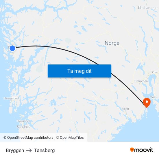 Bryggen to Tønsberg map