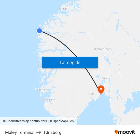 Måløy Terminal to Tønsberg map