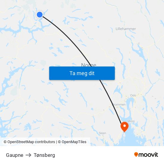 Gaupne to Tønsberg map