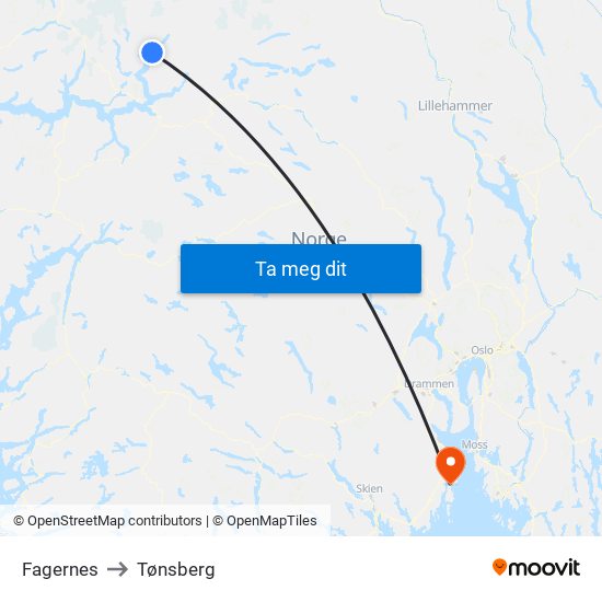 Fagernes to Tønsberg map