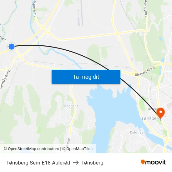 Tønsberg Sem E18 Aulerød to Tønsberg map