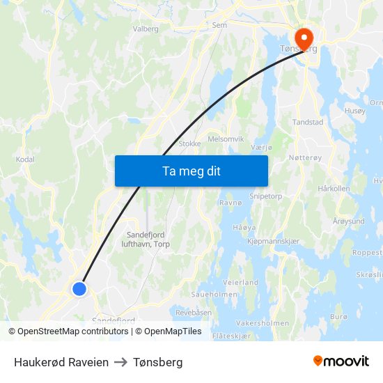 Haukerød Raveien to Tønsberg map