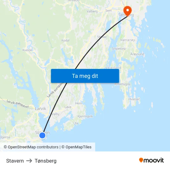Stavern to Tønsberg map