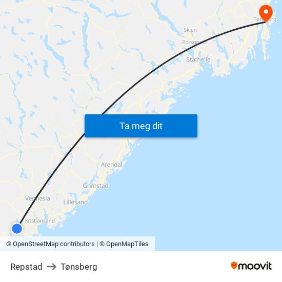 Repstad to Tønsberg map