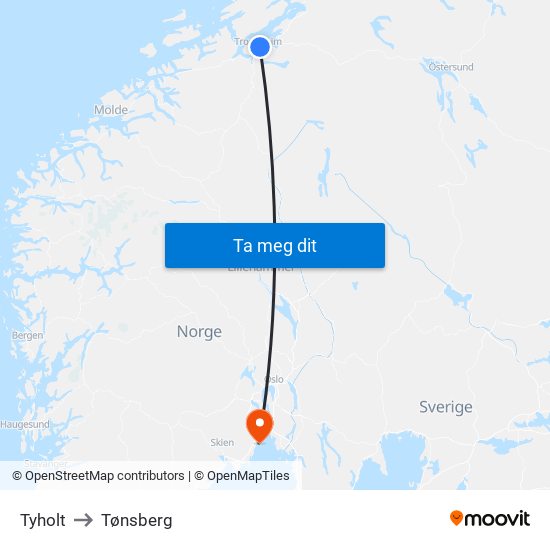 Tyholt to Tønsberg map