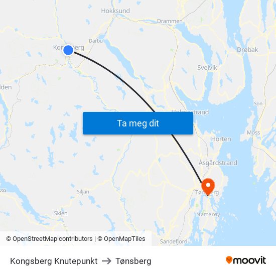 Kongsberg Knutepunkt to Tønsberg map