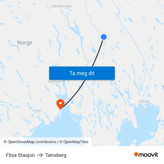 Flisa Stasjon to Tønsberg map