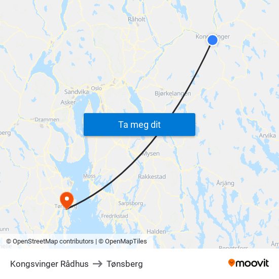 Kongsvinger Rådhus to Tønsberg map