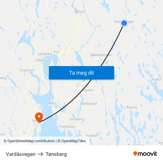 Vardåsvegen to Tønsberg map