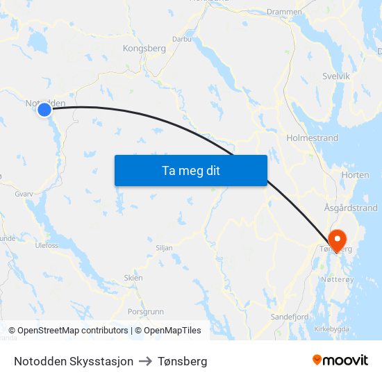 Notodden Skysstasjon to Tønsberg map