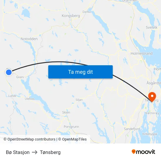 Bø Stasjon to Tønsberg map