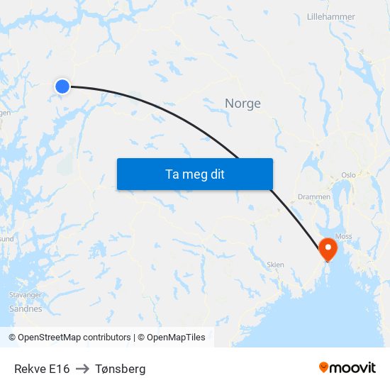 Rekve E16 to Tønsberg map