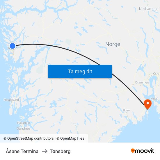 Åsane Terminal to Tønsberg map