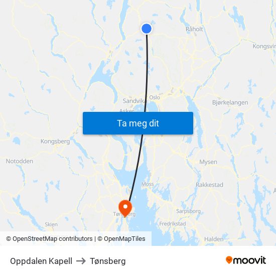 Oppdalen Kapell to Tønsberg map